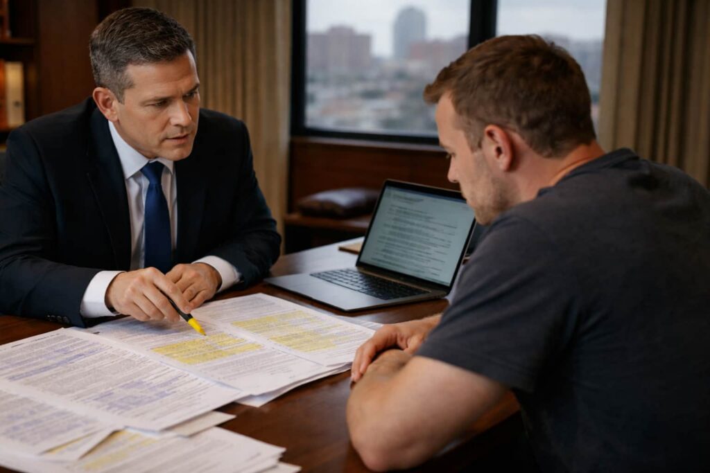Malpractice attorney in Baltimore reviewing medical records and informed consent documents with client, related to detransition and standard of care lawsuit evaluation