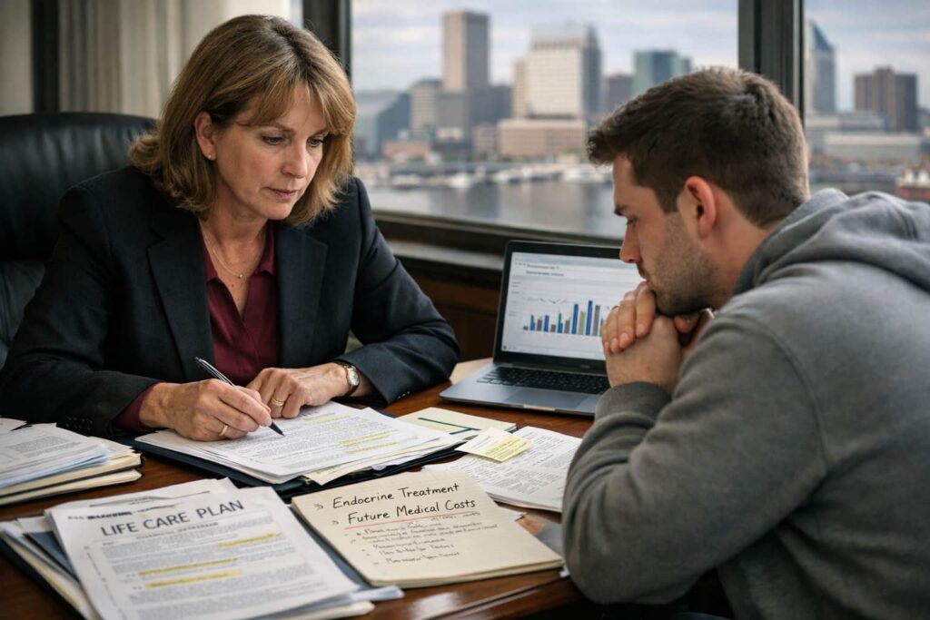 Attorney reviewing medical records and life care plan with client in a Baltimore detransition medical malpractice case involving long-term costs and damages