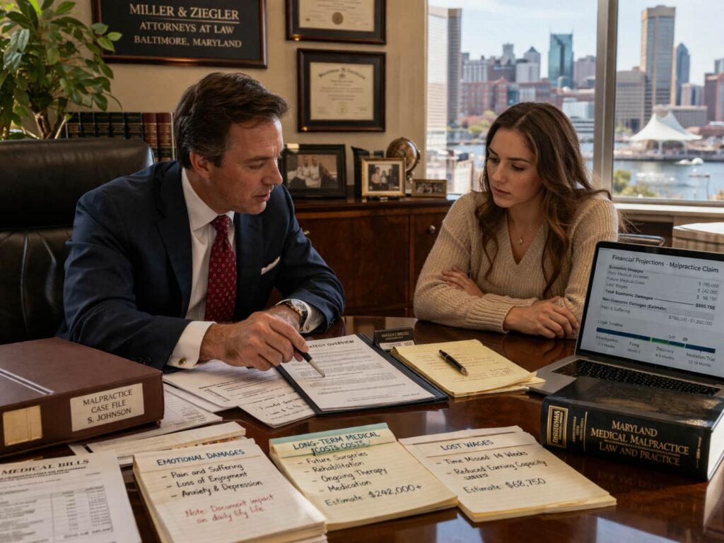 Medical malpractice attorney explaining detransition lawsuit strategy to client reviewing informed consent documents and medical records in Baltimore office